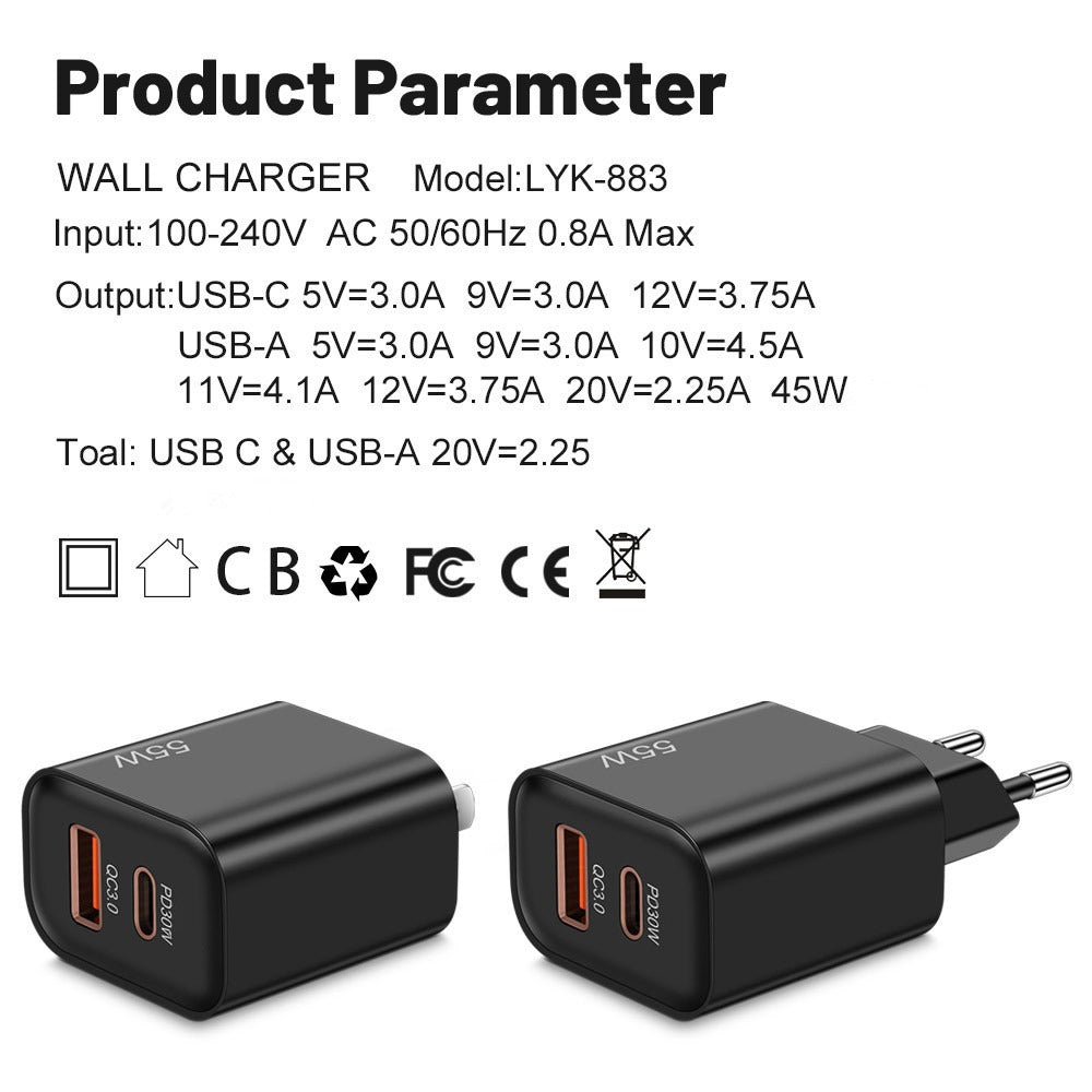 55W Schnelllade Adapter USB+PD für das Smartphone