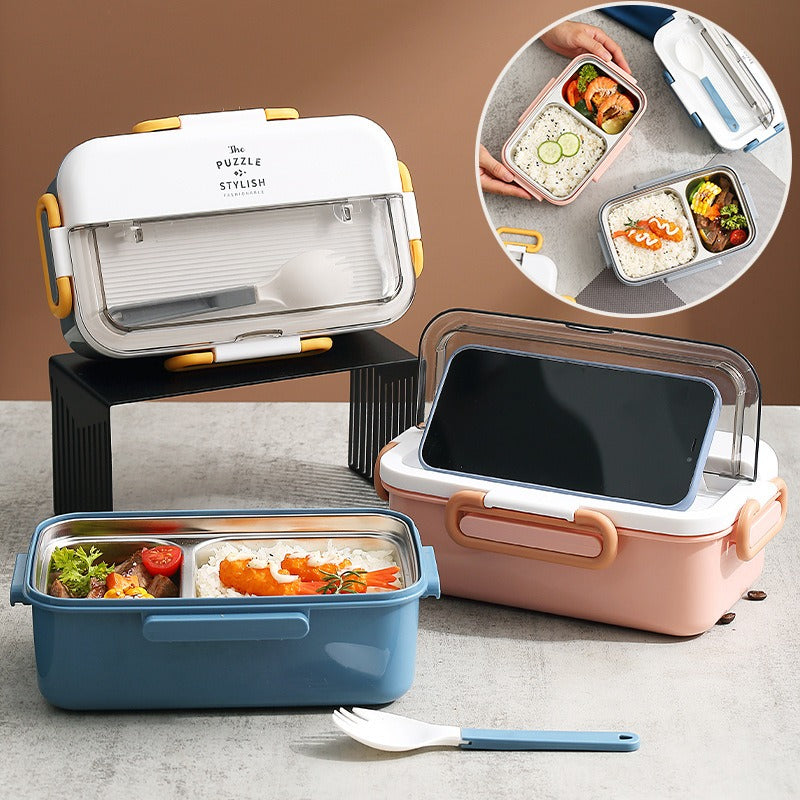 Lunchbox aus Edelstahl Innenbehälter, mit Suppenschüssel, auslaufsichere 2-Gitter-Bento-Box für Schulkinder mit Löffel, Lebensmittelaufbewahrungsbehälter