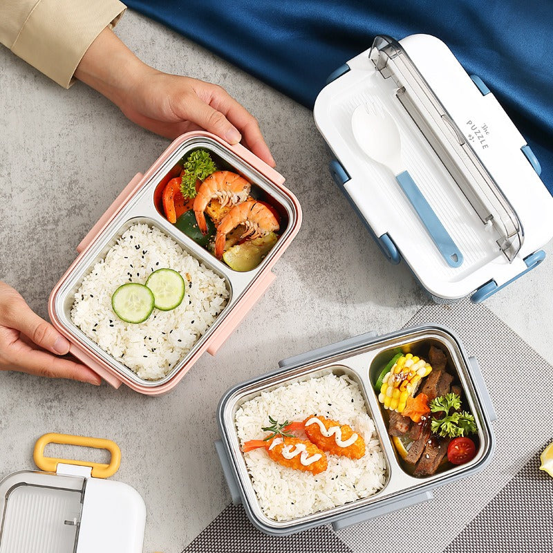 Lunchbox aus Edelstahl Innenbehälter, mit Suppenschüssel, auslaufsichere 2-Gitter-Bento-Box für Schulkinder mit Löffel, Lebensmittelaufbewahrungsbehälter