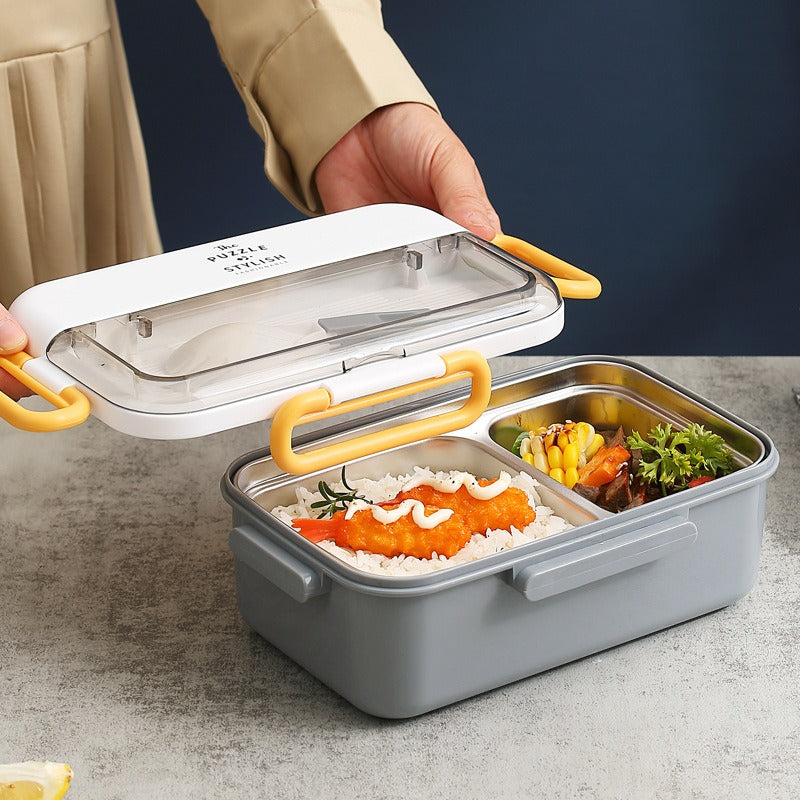 Lunchbox aus Edelstahl Innenbehälter, mit Suppenschüssel, auslaufsichere 2-Gitter-Bento-Box für Schulkinder mit Löffel, Lebensmittelaufbewahrungsbehälter