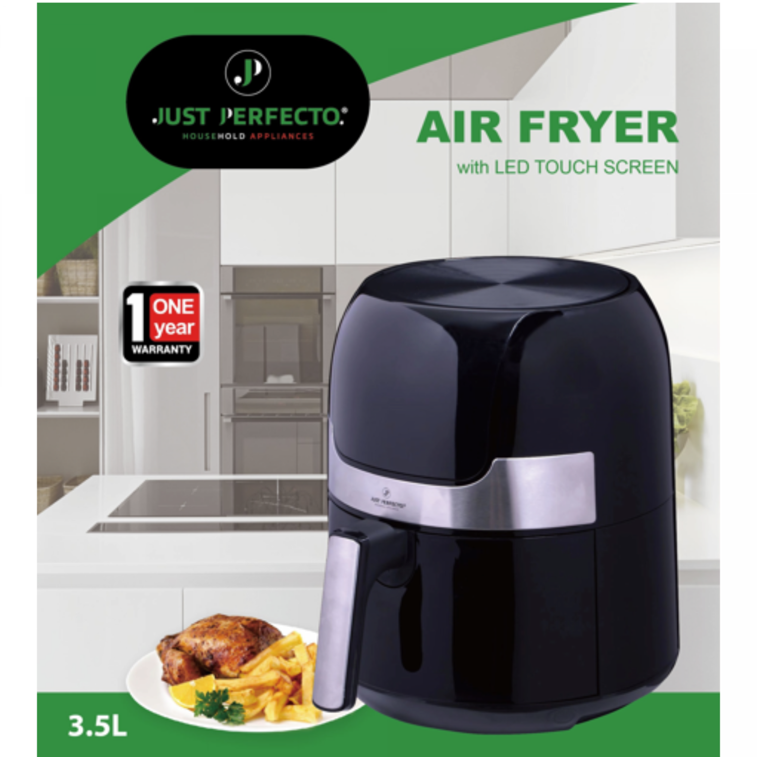 Just Perfecto JL-22: 1400 W Airfryer LED-Touchscreen-Heißluftfritteuse mit Grillplatte – 3,5 l